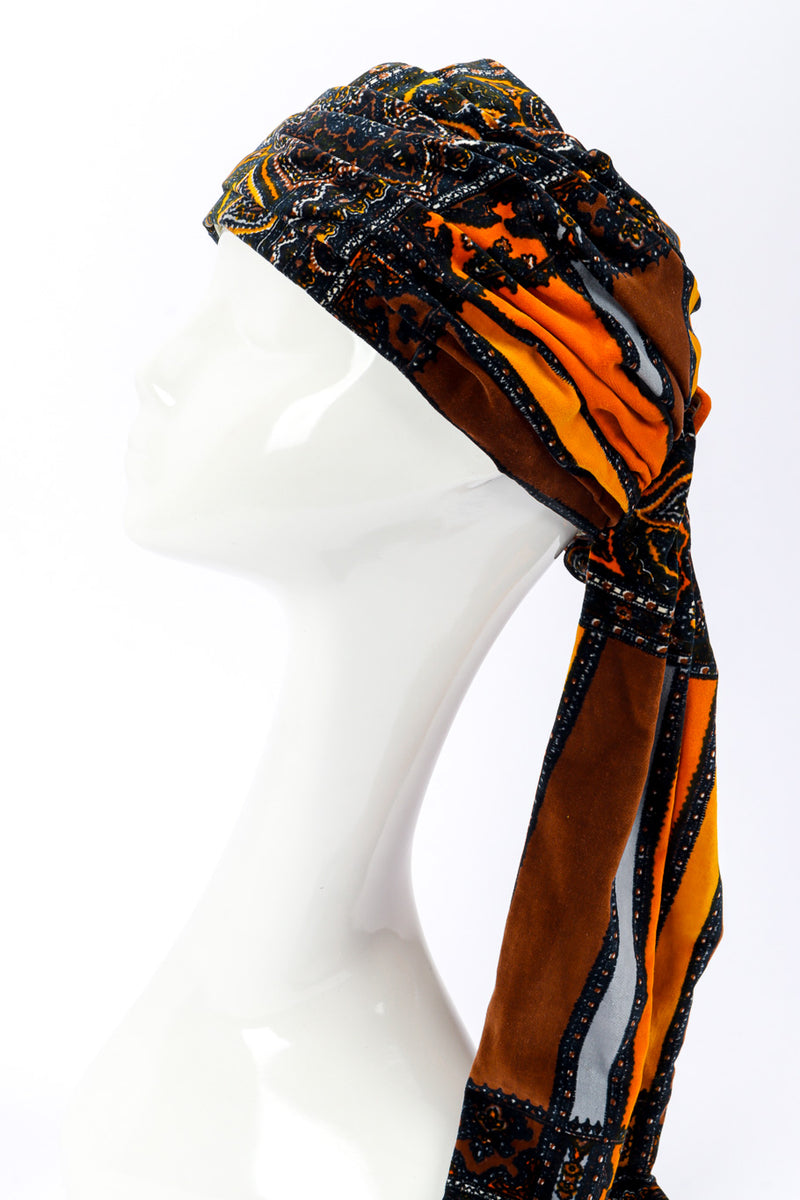 Velvet Paisley Turban Hat by Yves Saint Laurent on mannequin head left side @recessla