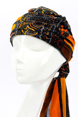 Velvet Paisley Turban Hat by Yves Saint Laurent on mannequin head front close @recessla