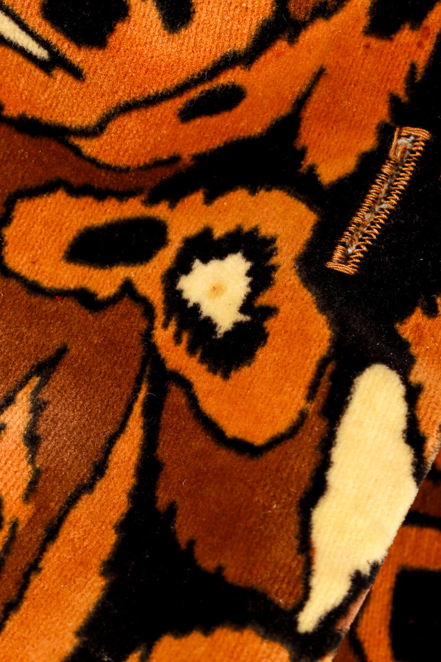 Vintage Young Edwardian Abstract Leopard Velvet Jacket & Pants suit close up flat lay detail of the fabric showing small stains on jacket front @RECESS LA