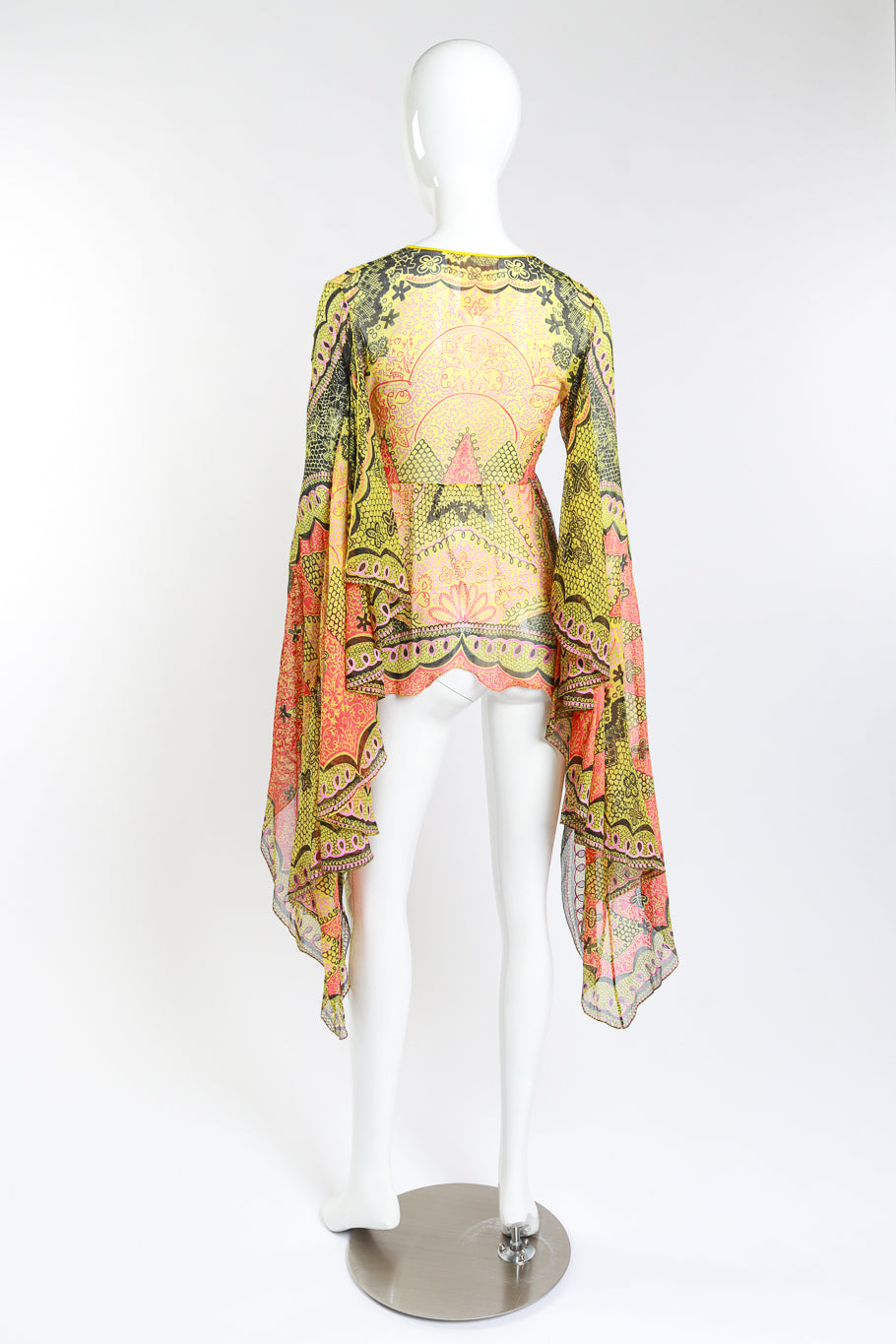 Vintage Zandra Rhodes Graphic Bell Sleeve Blouse back on mannequin @recess la