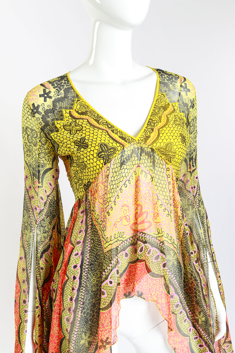 Vintage Zandra Rhodes Graphic Bell Sleeve Blouse front on mannequin closeup @recess la