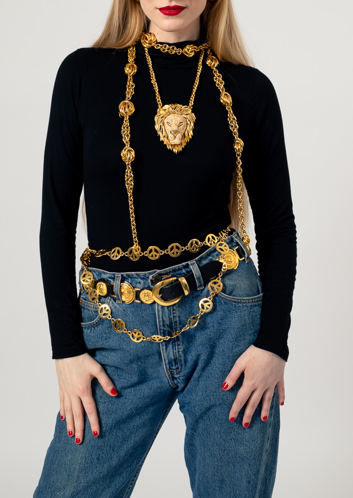 Medallion linked leather belt by Milos on white background on model blue jeans @recessla