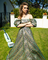 Vintage Leonard Metallic Floral Brocade Stripe Gown front on model in yard @recess la