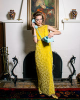 Vintage Bernetti Beaded Floral Burnout Gown front on model with phone  @recess la