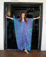 Vintage Profils du Monde Paisley Silk Caftan front on model in doorway @recess la