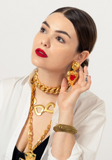 Vintage Edouard Rambaud Hammered Heart Stone Earrings on model in white shirt  @Recessla