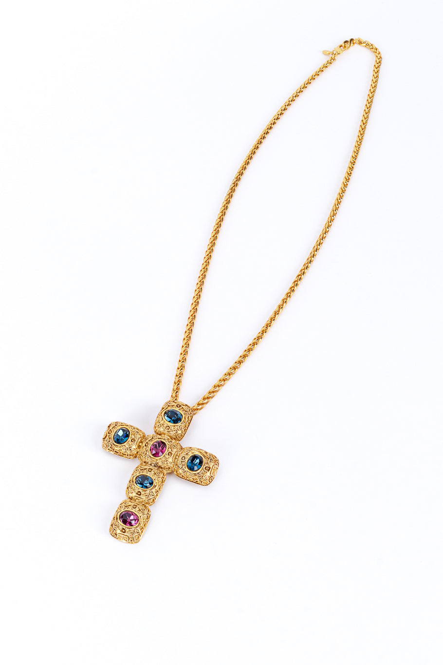 Kenneth Jay Lane Rainbow Byzantine Crystal Cross Pendant Necklace on model @RECESS LA