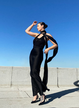 Silk Tie Halter Dress by Jean Paul Gaultier on model on rooftop @recessla