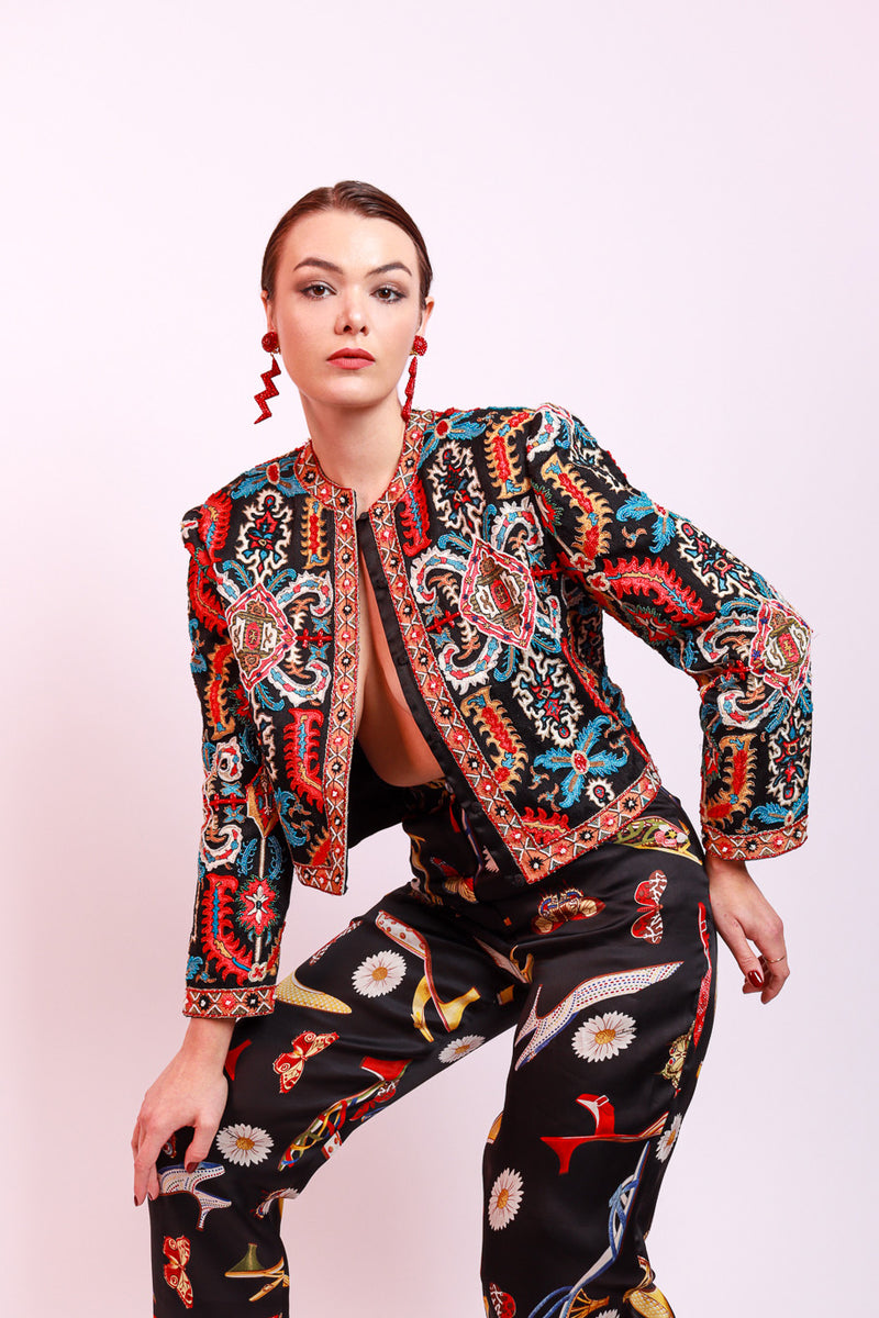 Vintage St. Martin Ethnic Embroidered Jacket front on model @recess la