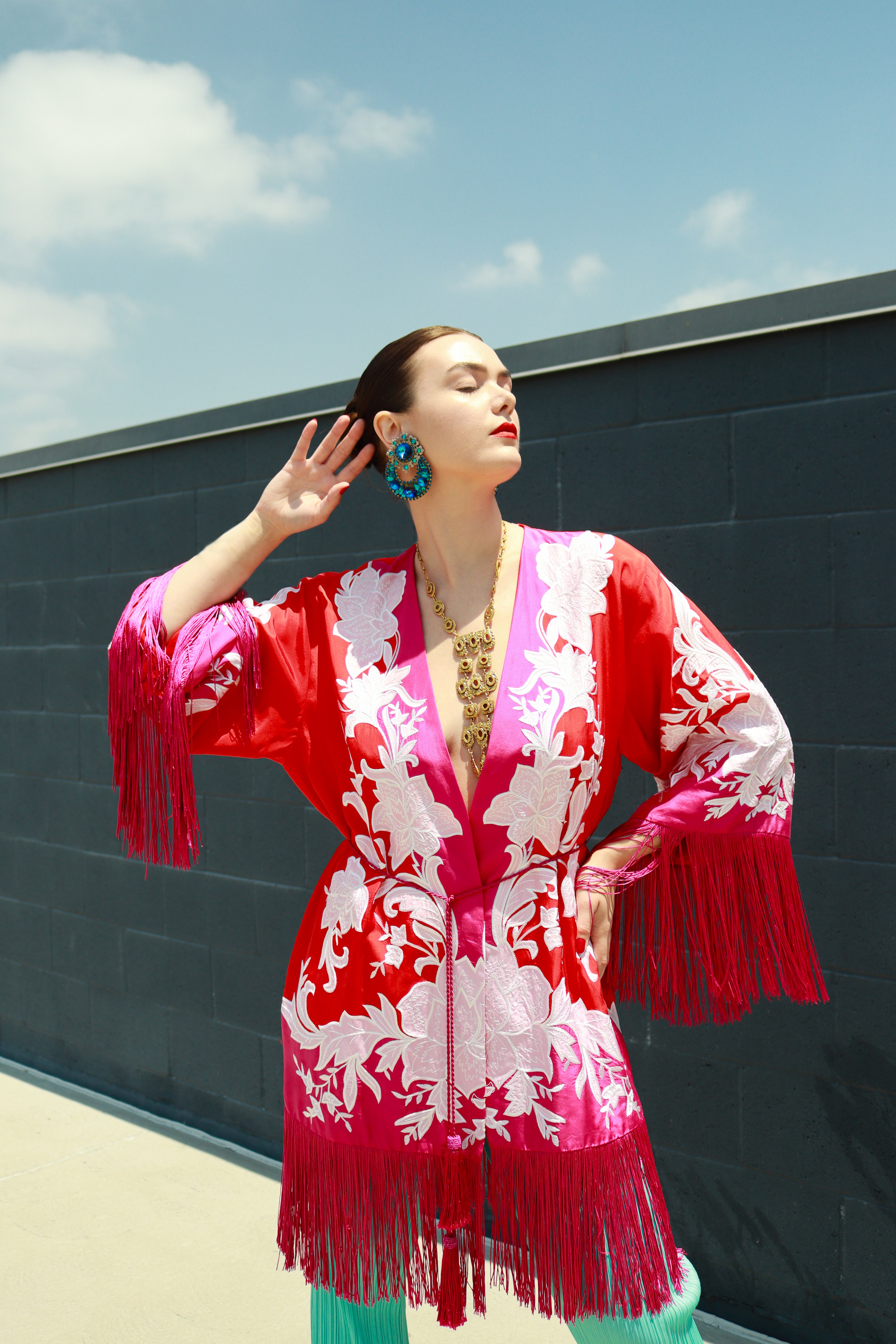 Chandbali Hoop Drop Earrings on model in fringe shawl @RECESS LA