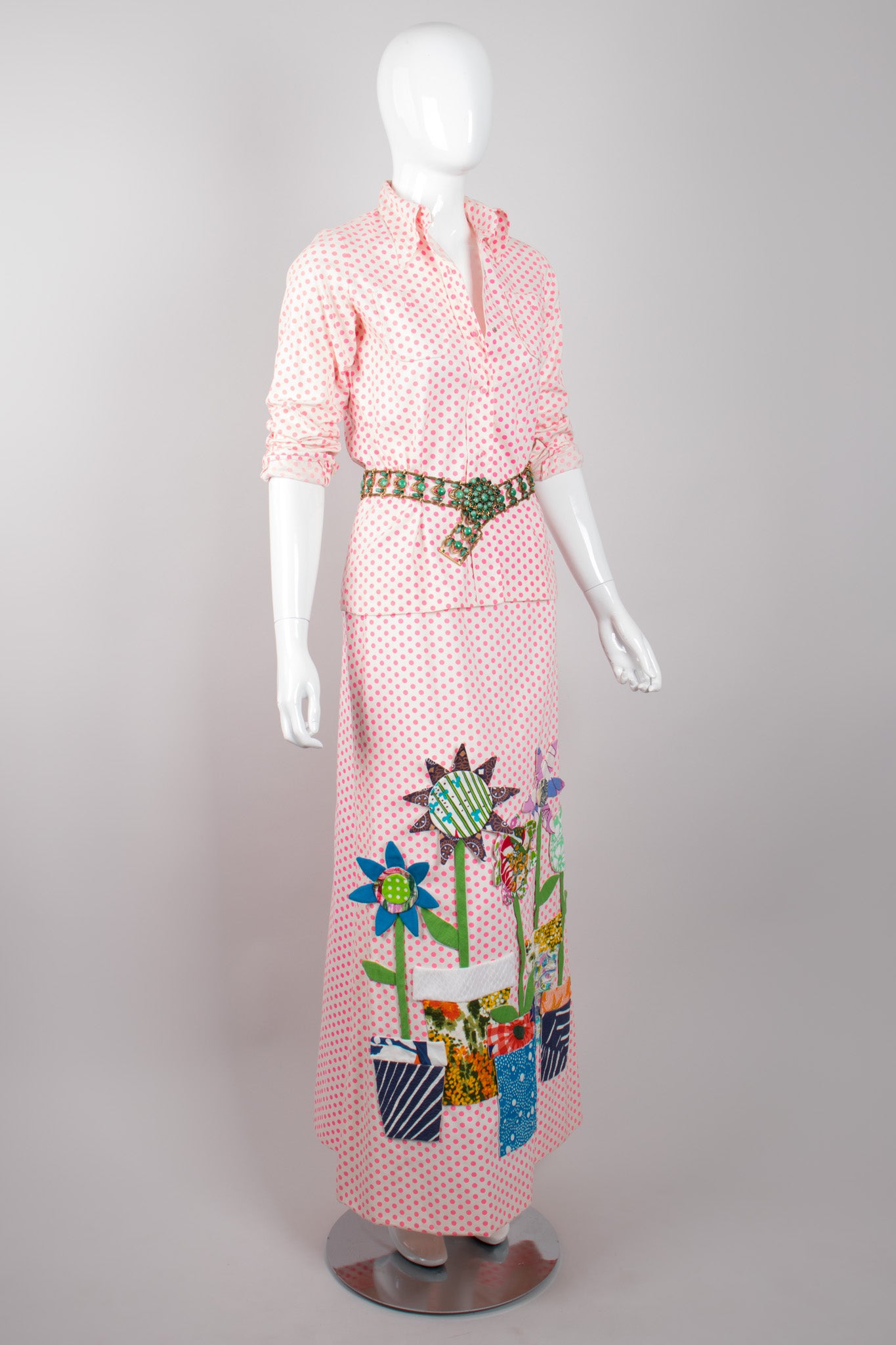 Sarff Zumpano Vintage Appliqué Flowerpot Dot Shirt & Skirt Set