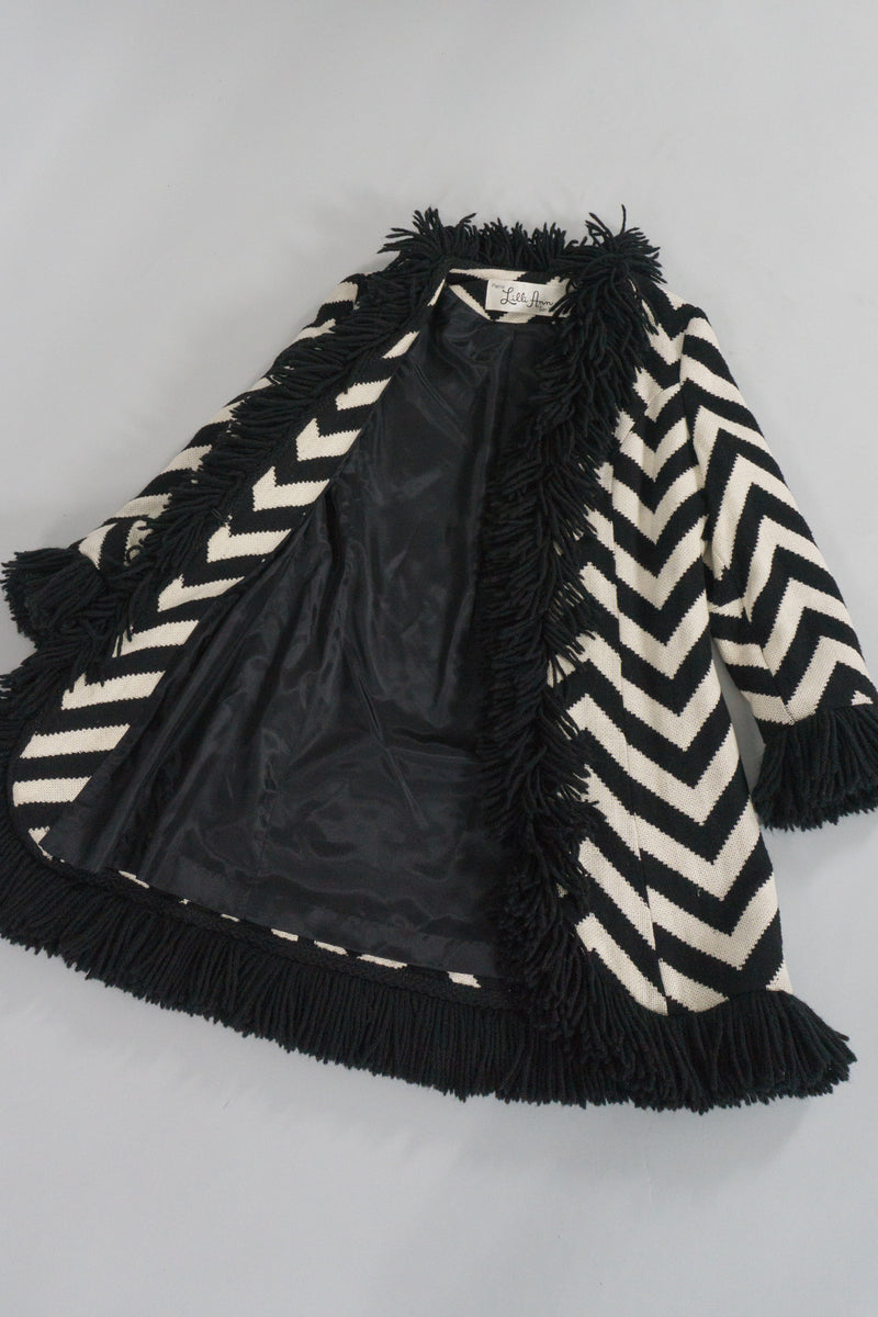 Lilli Ann Vintage Graphic Chevron Stripe Fringe Coat