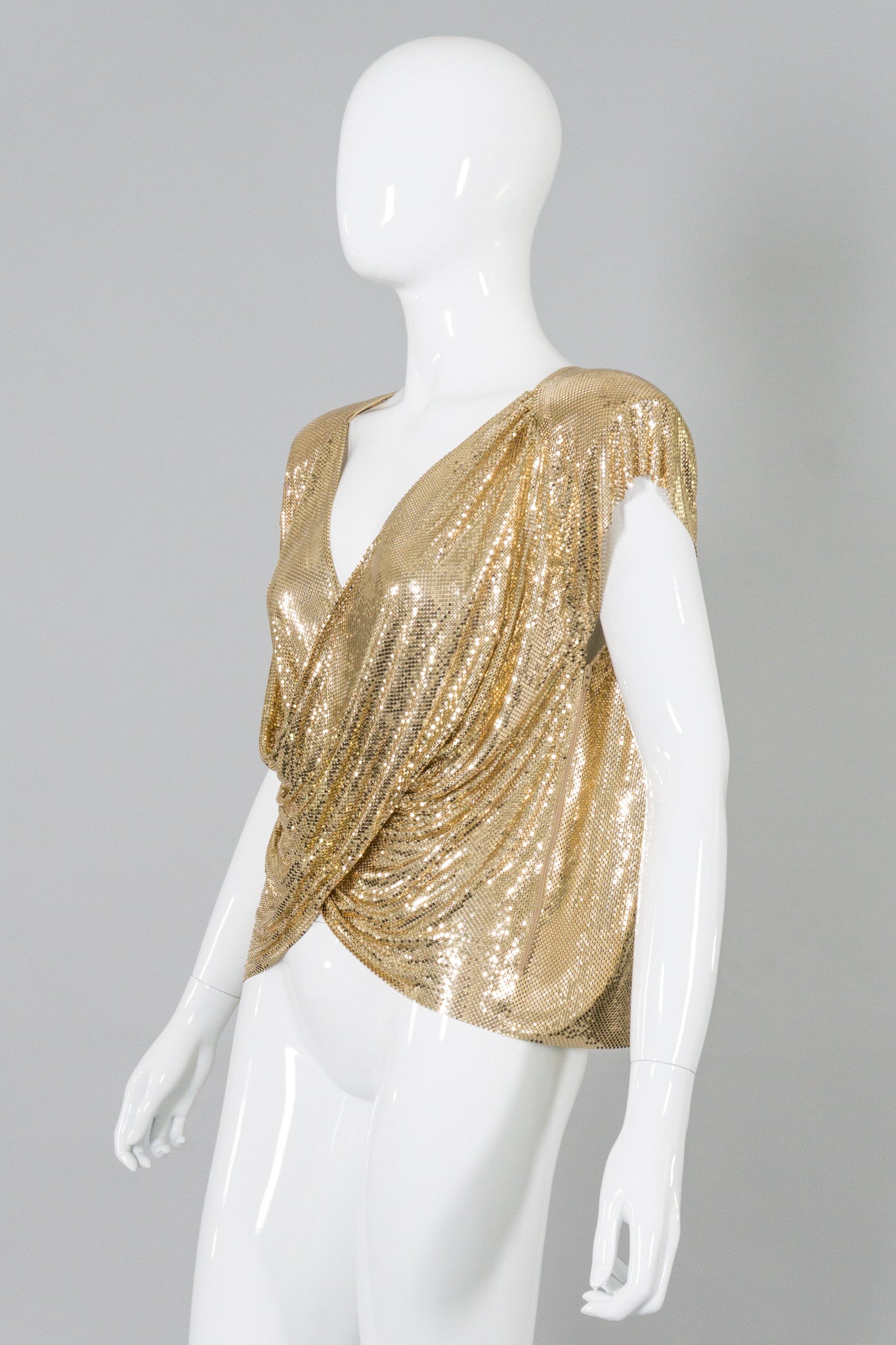 Whiting&Davis Gold Mesh Draped Surplice Wrap Top