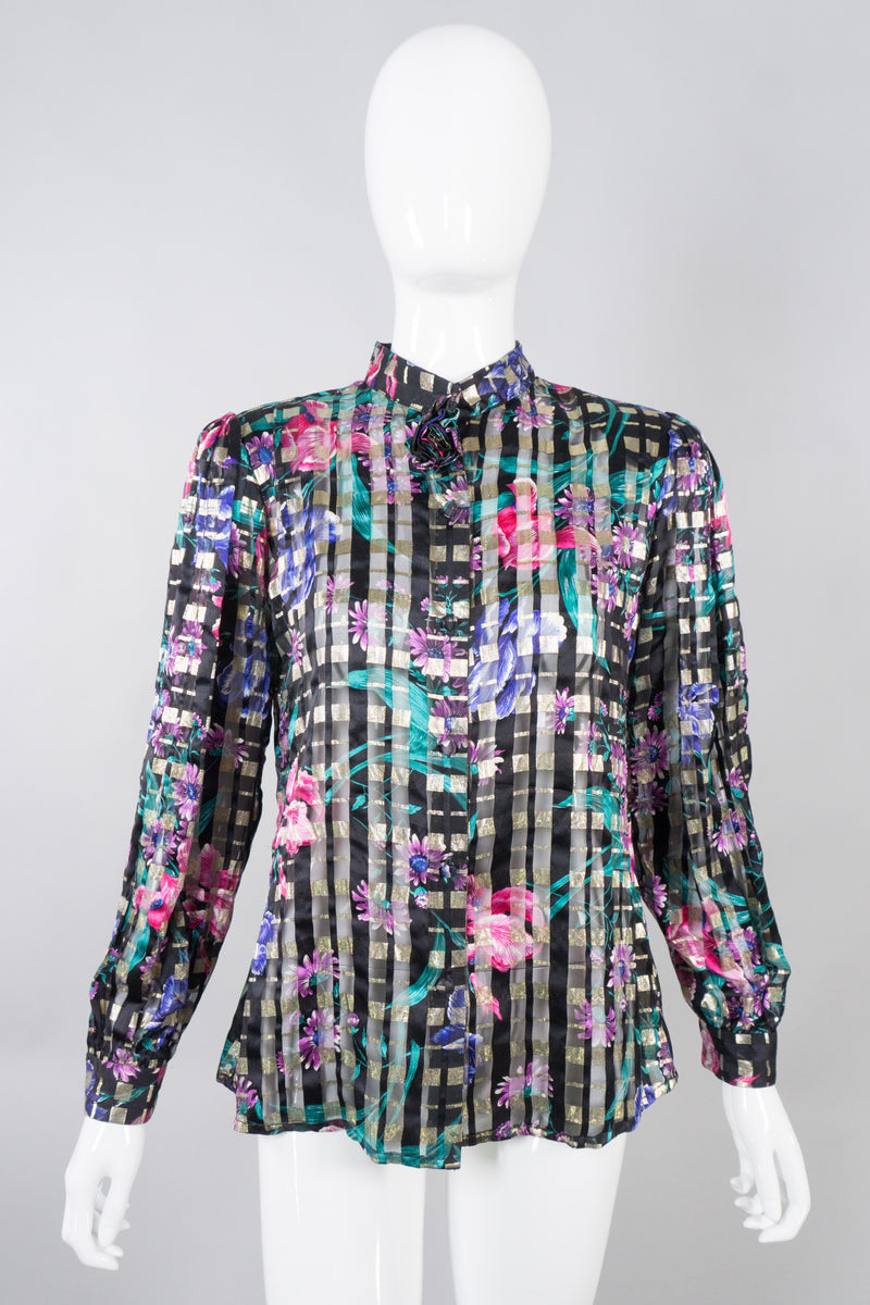 Oscar de la Renta Vintage Sheer Silk Floral Plaid Blouse