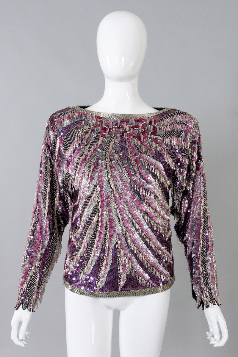 Halston Beaded Fringe Pink Flamingo Top