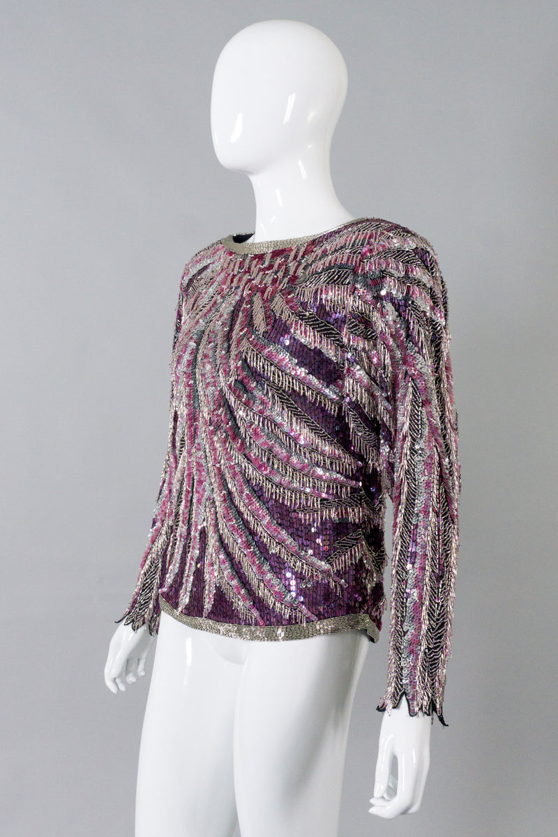 Halston Beaded Fringe Pink Flamingo Top