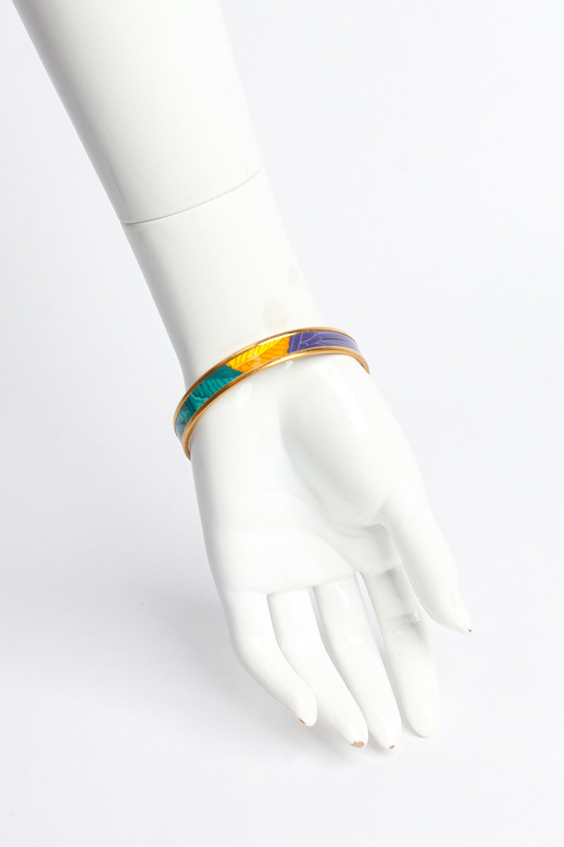 Vintage Hermés Abstract Leaf Feather Narrow Enamel Bracelet on mannequin @ Recess LA