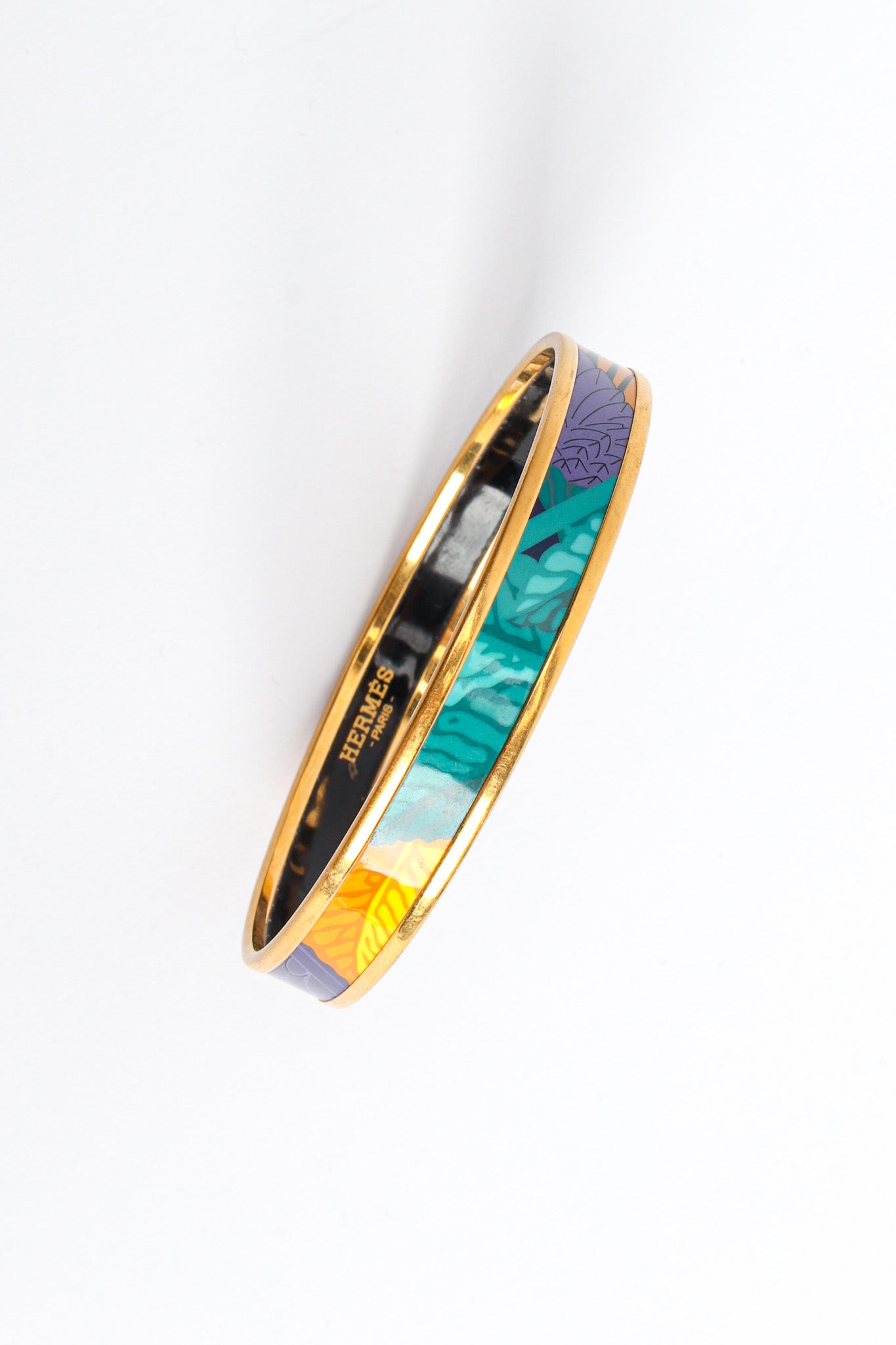 Vintage Hermés Abstract Leaf Feather Narrow Enamel Bracelet print close @ Recess LA