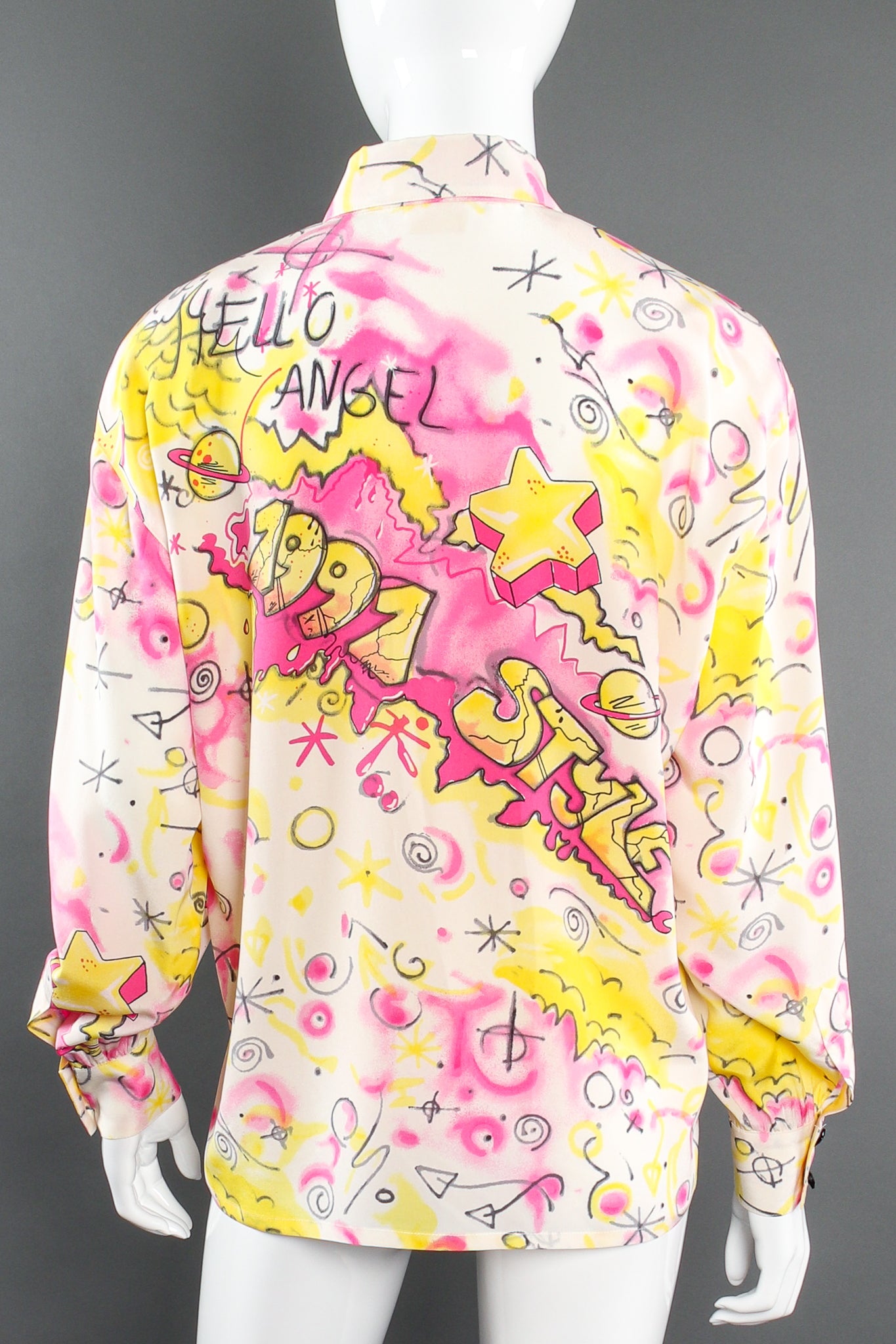 Vintage Escada 1991 Hello Angel Graffiti Print Shirt on mannequin back at Recess LA