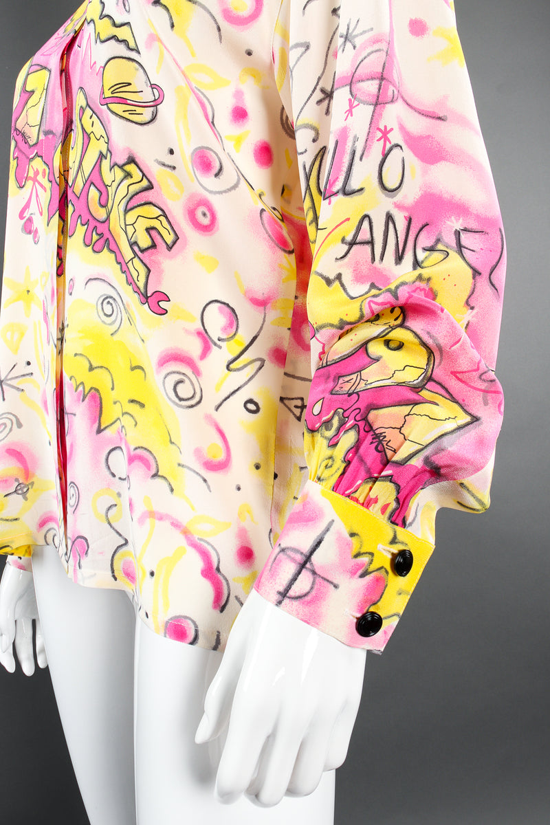 Vintage Escada 1991 Hello Angel Graffiti Print Shirt on mannequin sleeve cuff at Recess LA