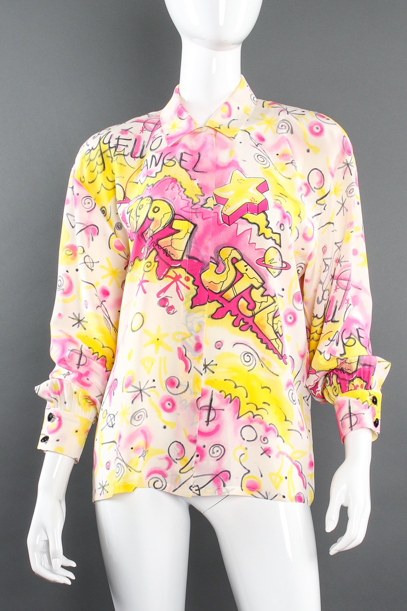 Vintage Escada 1991 Hello Angel Graffiti Print Shirt on mannequin front at Recess Los Angeles