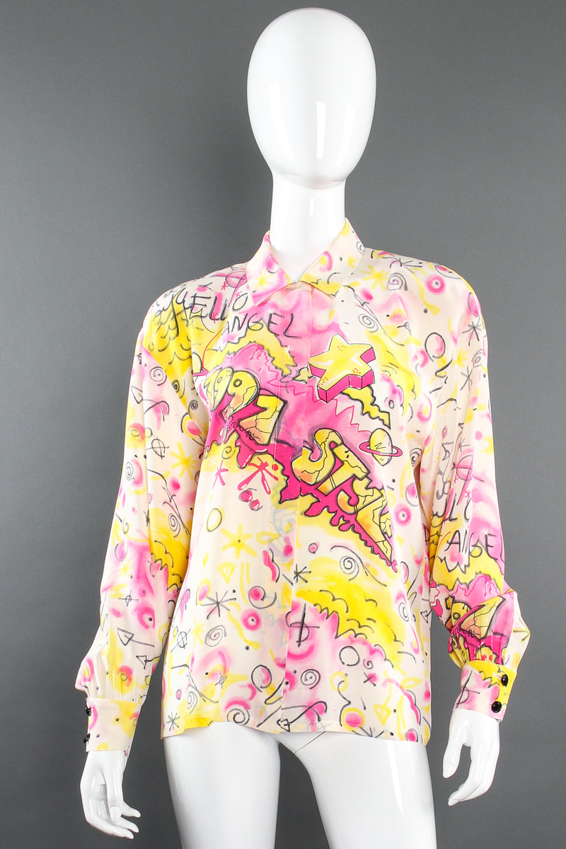 Vintage Escada 1991 Hello Angel Graffiti Print Shirt on mannequin front at Recess LA