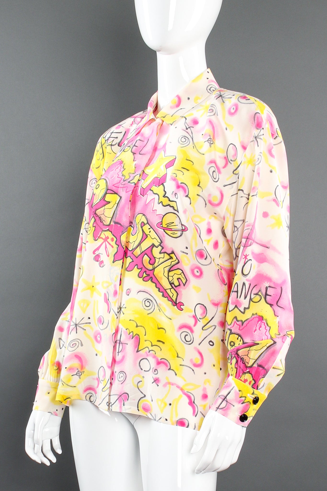 Vintage Escada 1991 Hello Angel Graffiti Print Shirt on mannequin angle at Recess LA