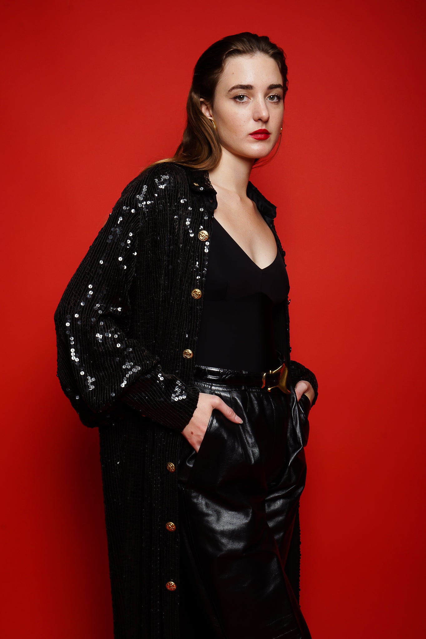 girl in Vintage Jeanette Kastenberg St Martins Sequin Cocoon ShirtDress Duster on red @ Recess LA