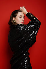 girl in Vintage Jeanette Kastenberg St Martins Sequin Cocoon ShirtDress Duster on red @ Recess LA