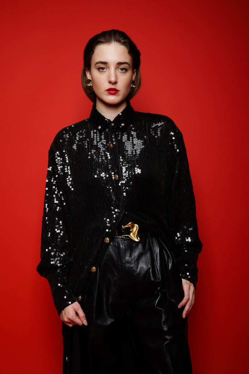 girl in Vintage Jeanette Kastenberg St Martins Sequin Cocoon ShirtDress Duster on red @ Recess LA