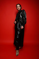 girl in Vintage Jeanette Kastenberg St Martins Sequin Cocoon ShirtDress Duster on red @ Recess LA