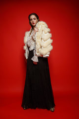 girl in Vintage Oscar de la Renta Pleated Chiffon Dot Skirt with fur jacket @ Recess Los Angeles