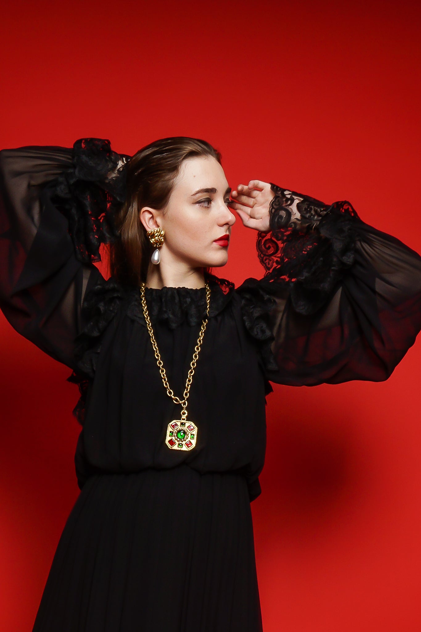 girl in black Vintage Richilene Lace Trim Prairie Dress on red background at Recess Los Angeles