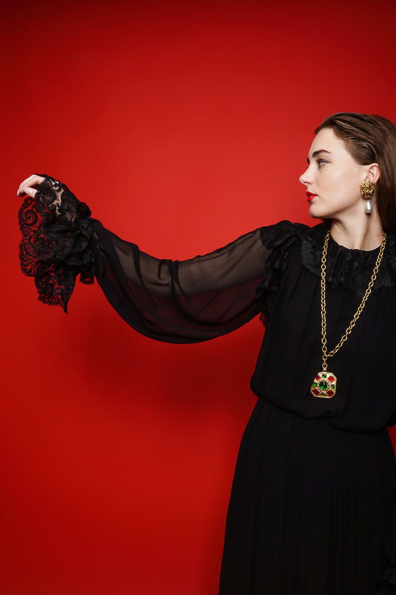 girl in black Vintage Richilene Lace Trim Prairie Dress on red background at Recess Los Angeles