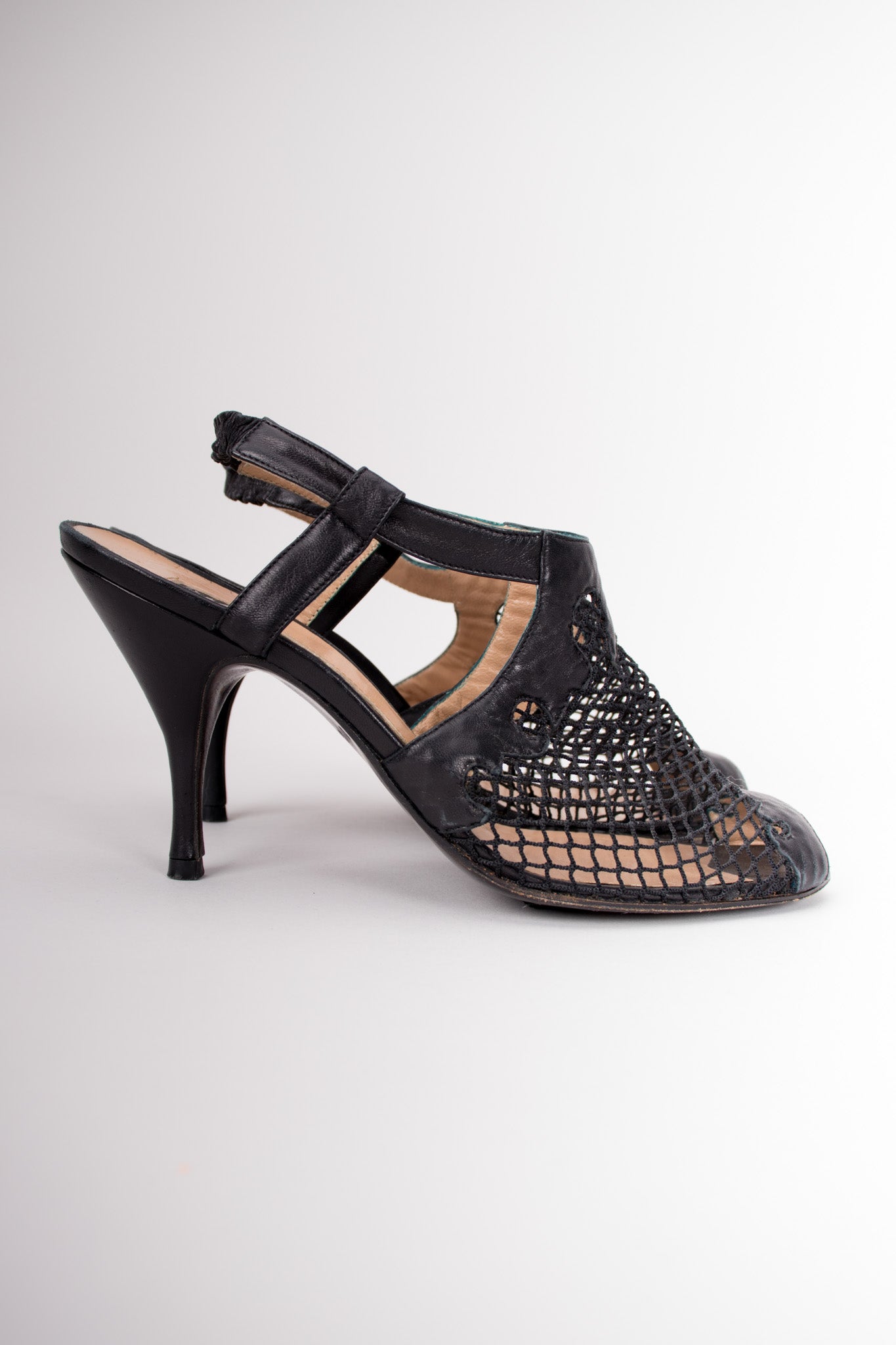 Maud Frizon Fishnet Mesh Open Toe Shoetie Heels