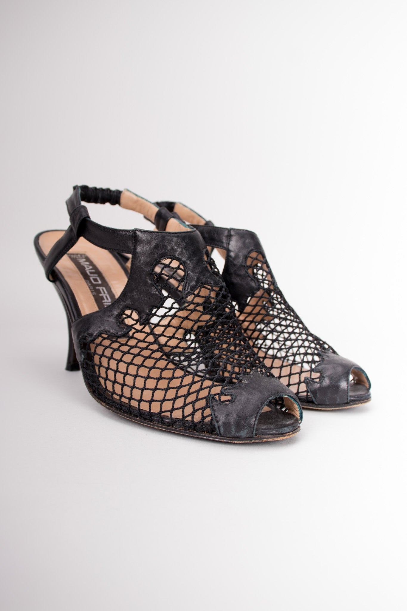 Maud Frizon Fishnet Mesh Open Toe Shoetie Heels