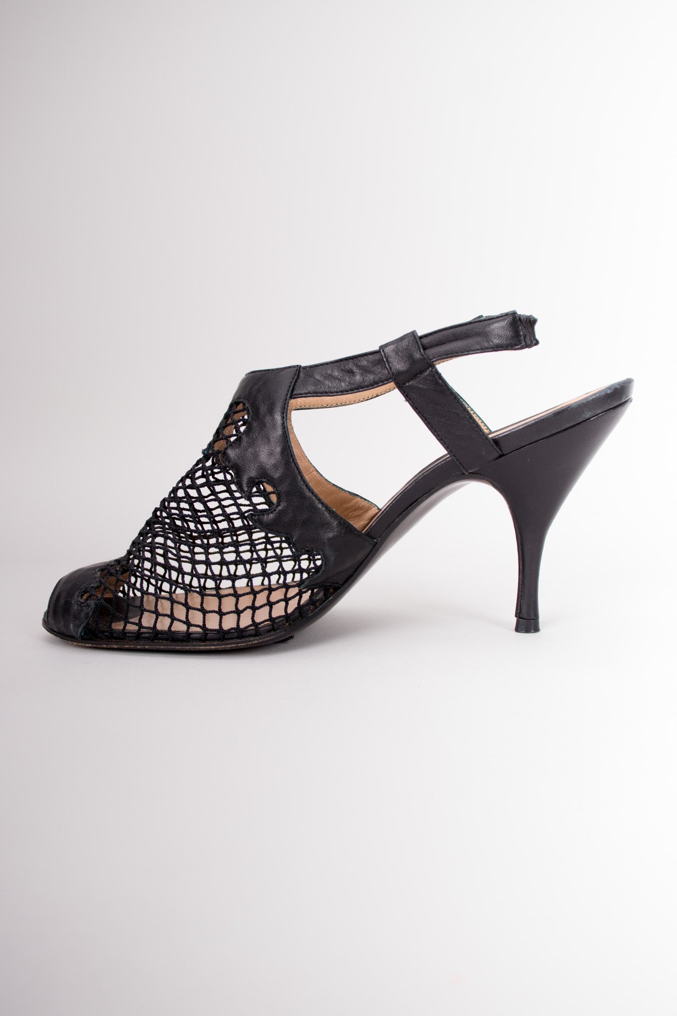 Maud Frizon Fishnet Mesh Open Toe Shoetie Heels