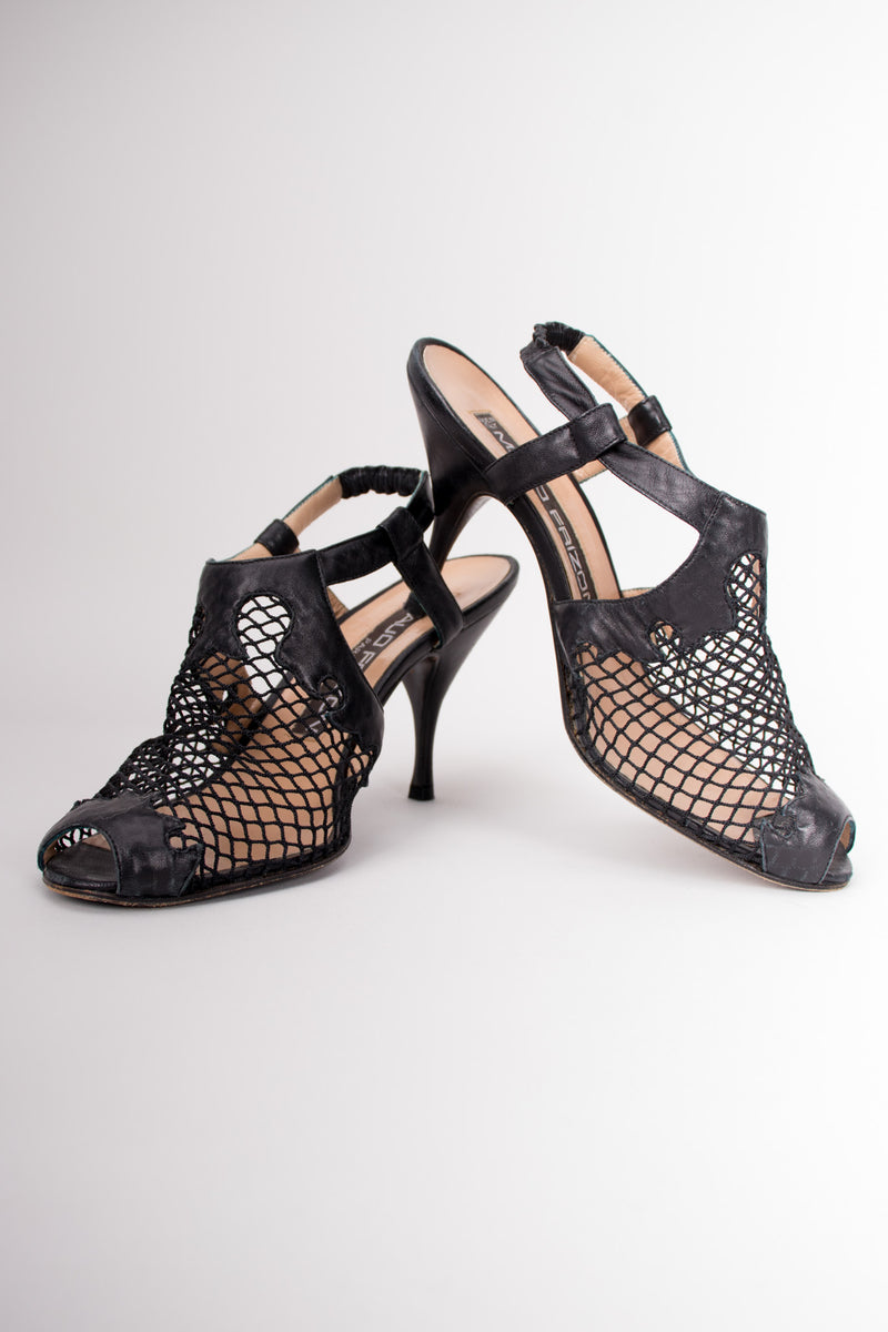 Maud Frizon Fishnet Mesh Open Toe Shoetie Heels