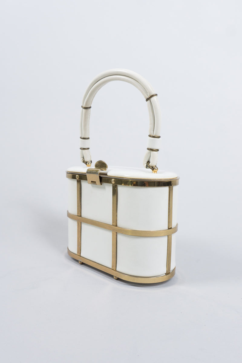 Ethel Gold Metal Cage Vintage Leather Box Bag