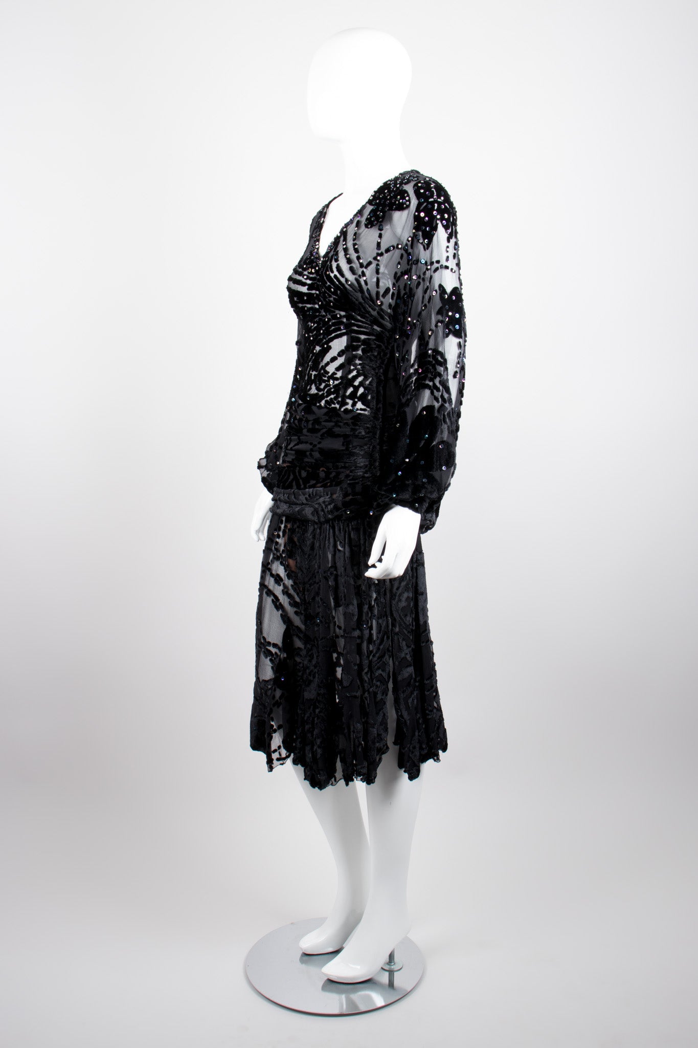 Kioko Goth Sequined Sheer Silk Velvet Burnout Dress