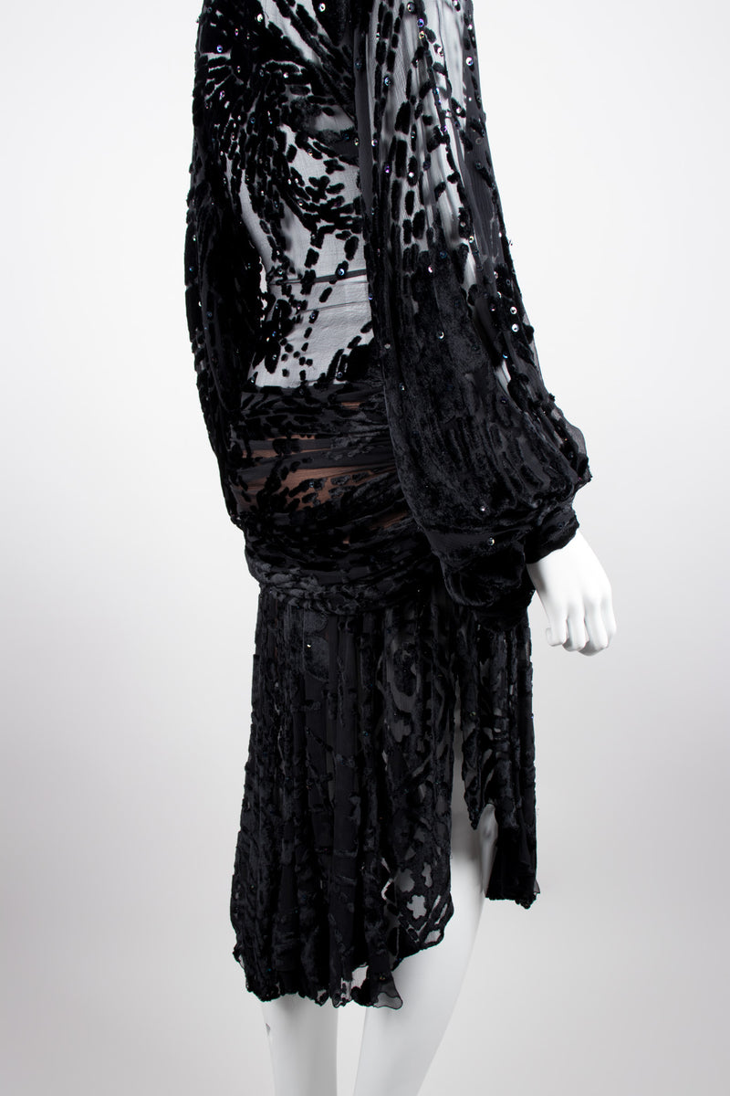 Kioko Goth Sequined Sheer Silk Velvet Burnout Dress