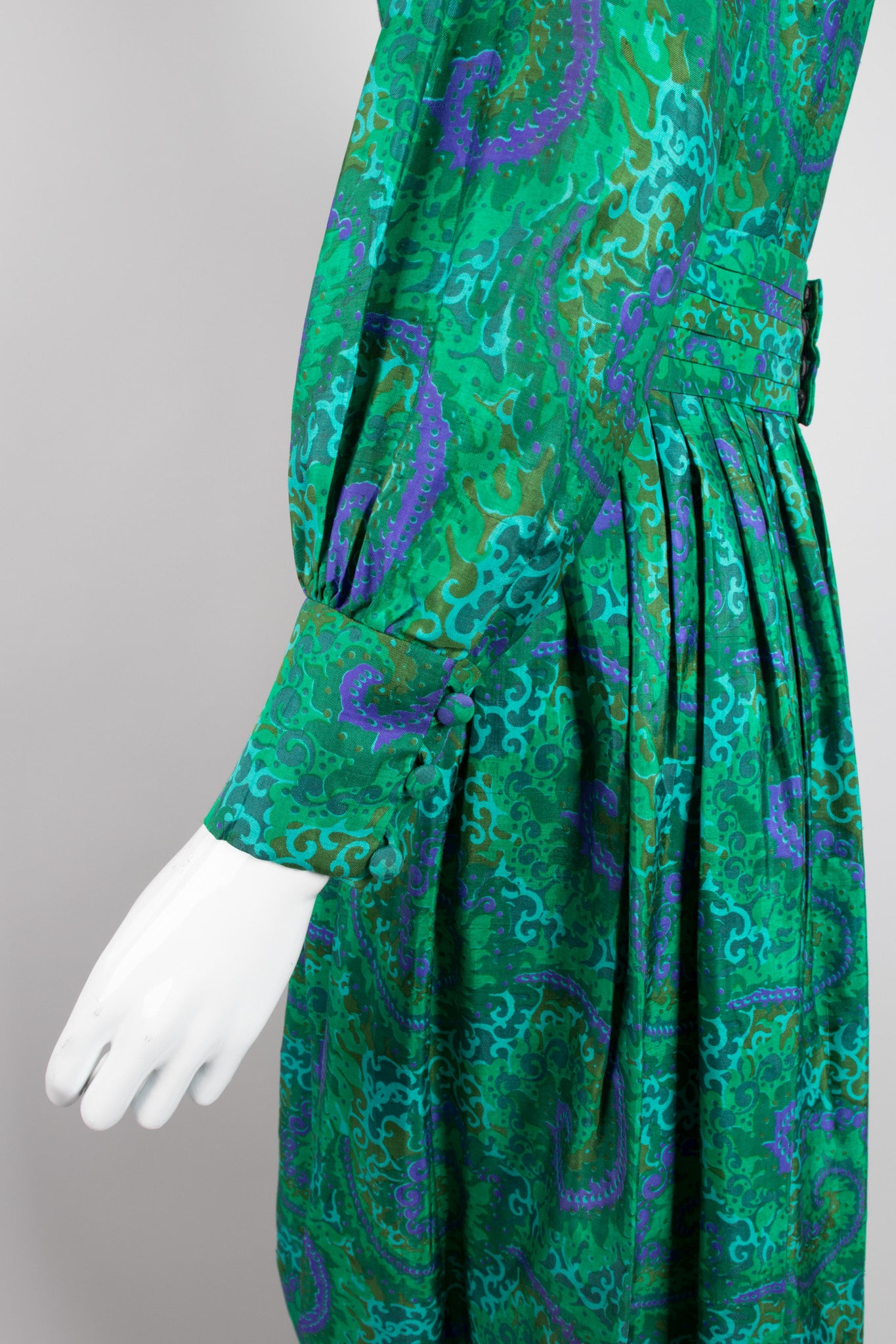 Vintage Raw Silk Swirl Flourish Print Dress