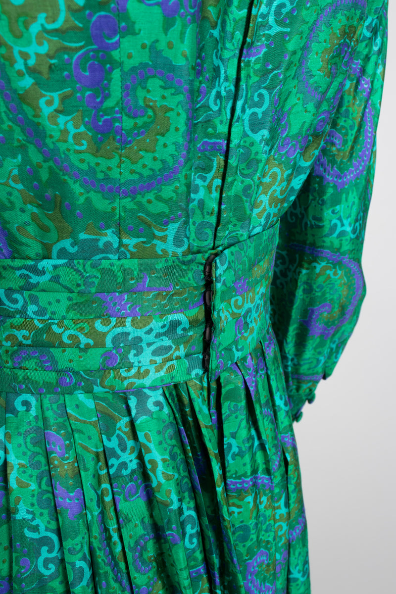 Vintage Raw Silk Swirl Flourish Print Dress