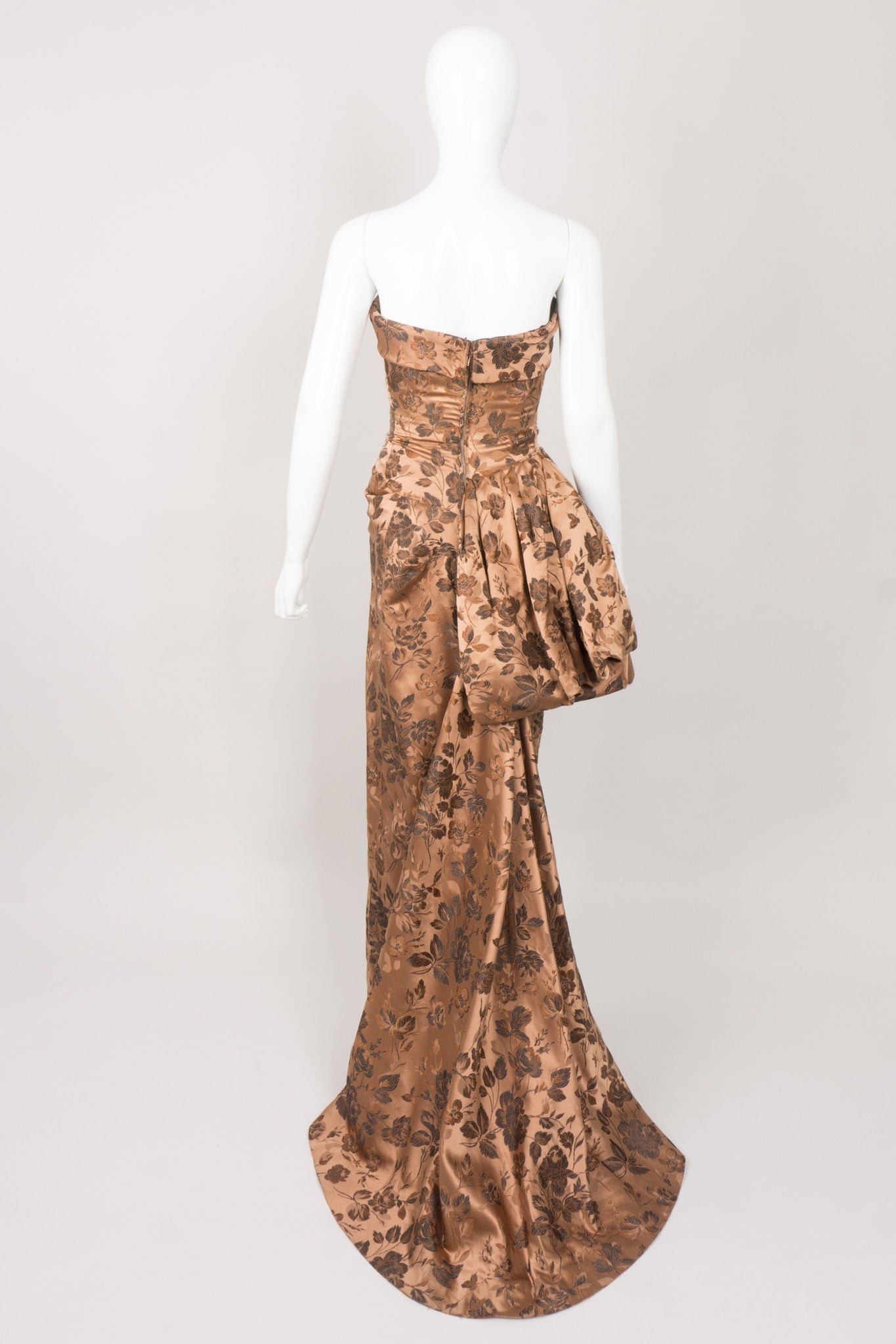 Christian Dior Vintage 50s Silk Brocade Side Bustle Strapless Gown