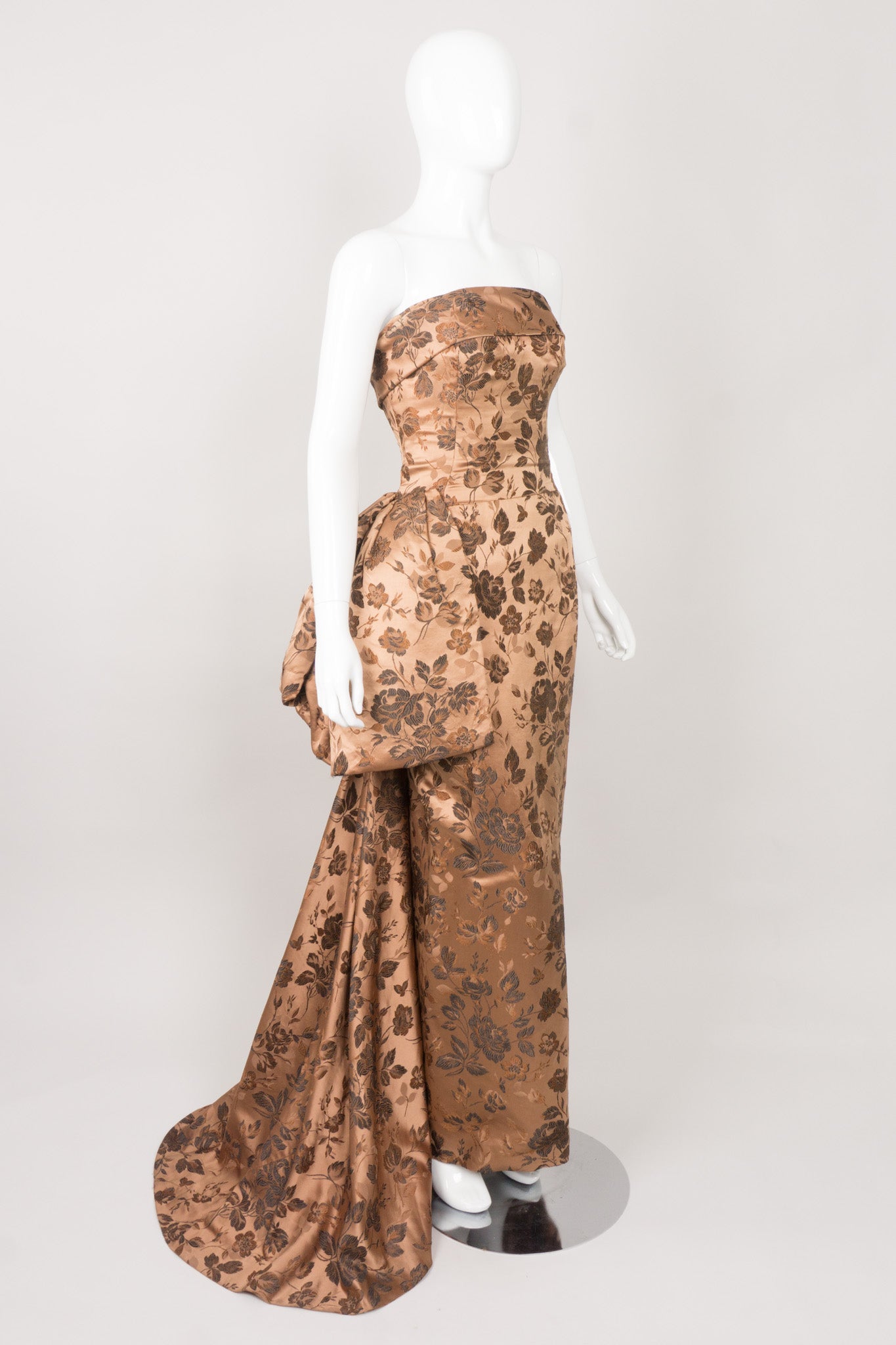 Christian Dior Vintage 50s Silk Brocade Side Bustle Strapless Gown