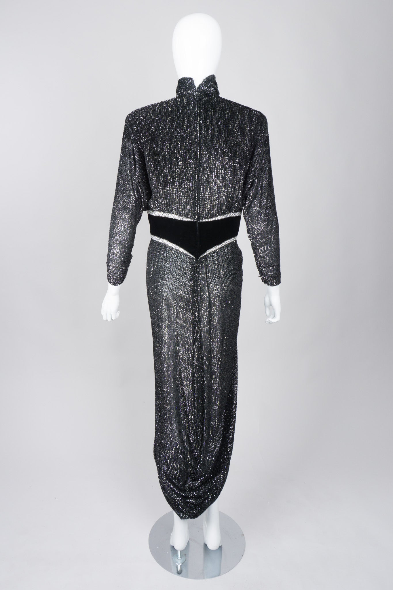 Bob Mackie Silver Glitter Velvet Lamé Harem Hem Dress