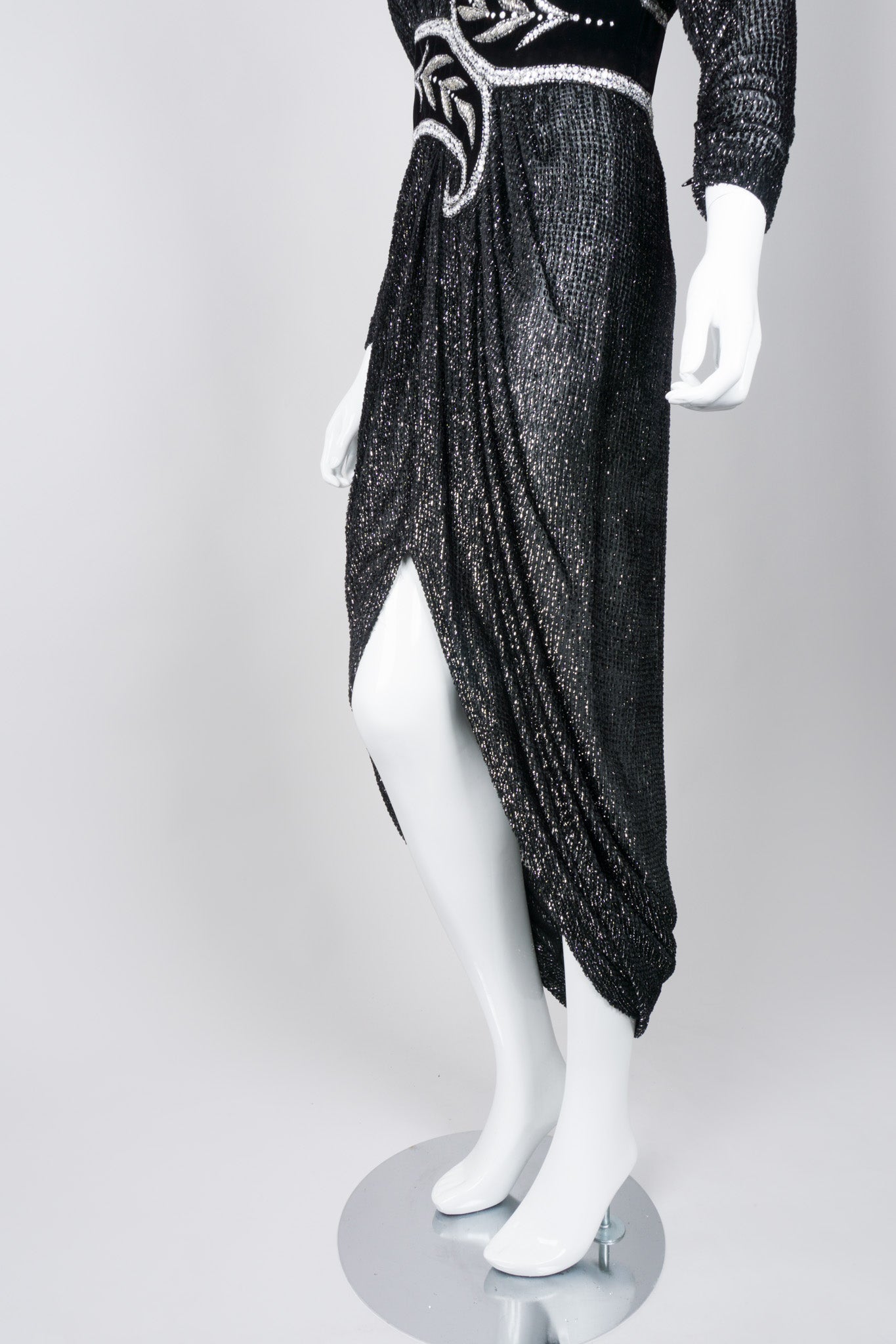 Bob Mackie Silver Glitter Velvet Lamé Harem Hem Dress