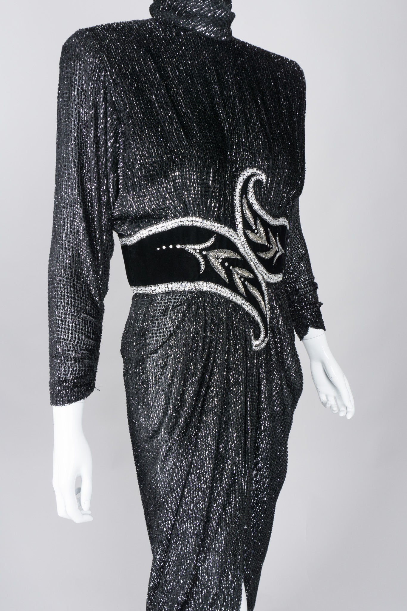 Bob Mackie Silver Glitter Velvet Lamé Harem Hem Dress