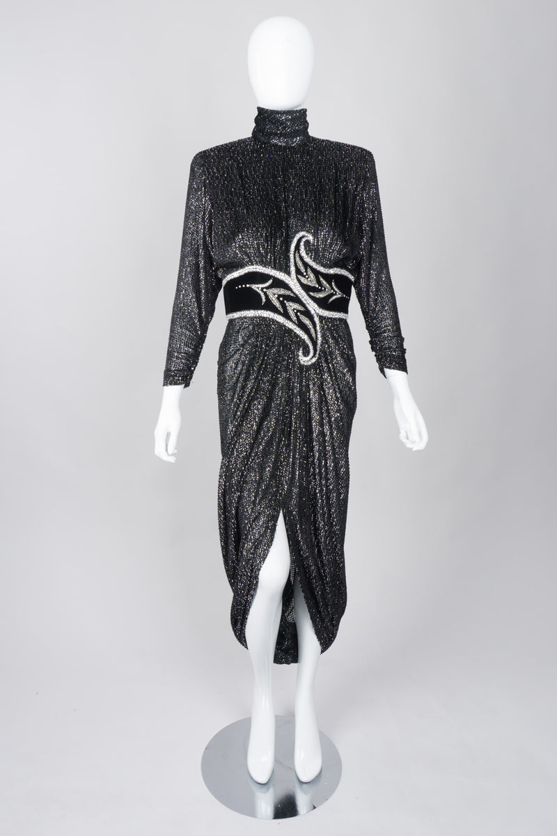 Bob Mackie Silver Glitter Velvet Lamé Harem Hem Dress