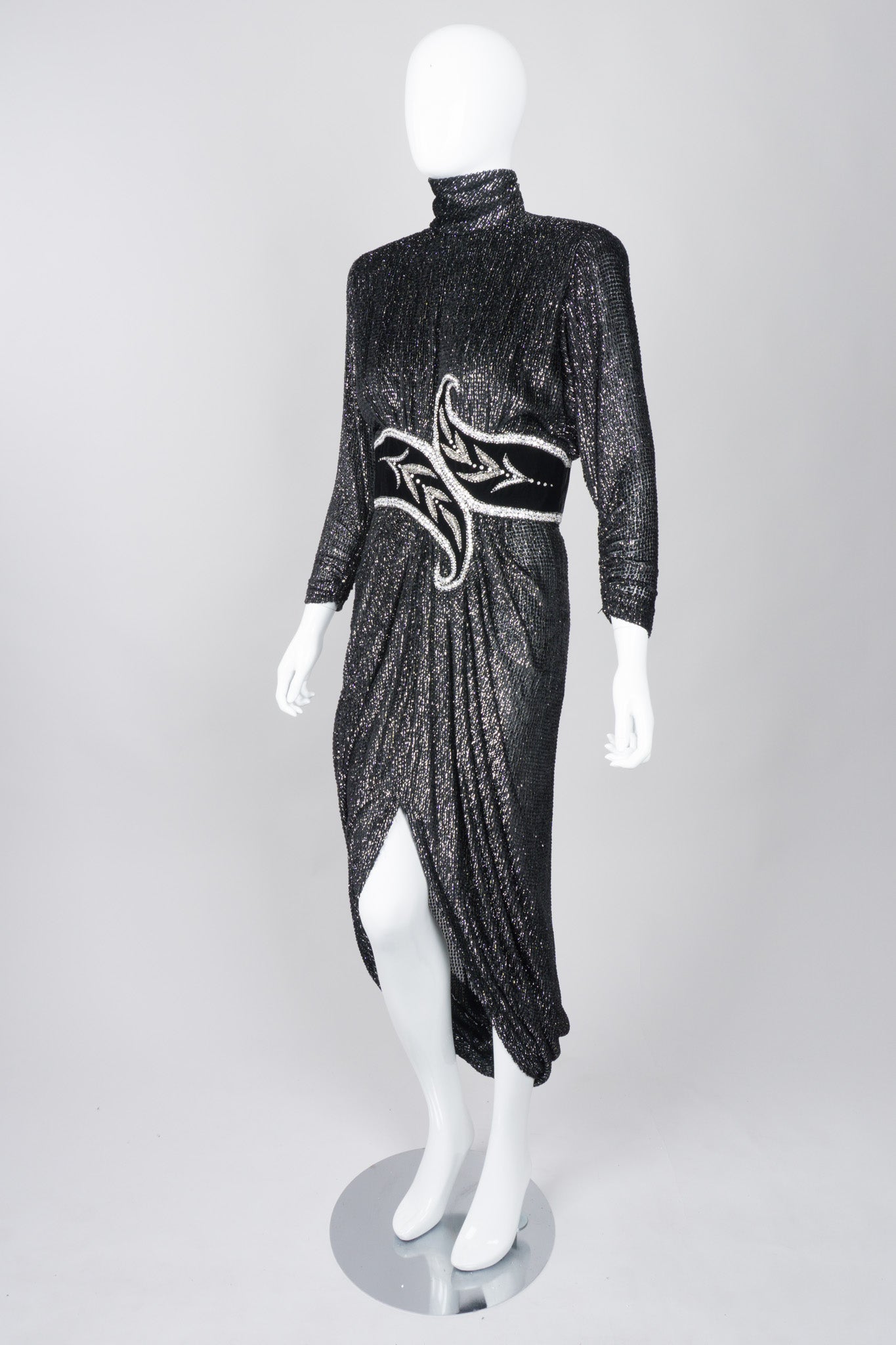 Bob Mackie Silver Glitter Velvet Lamé Harem Hem Dress